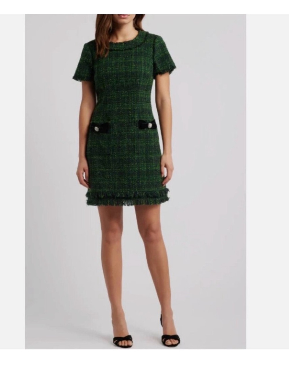 Green metallic Tweed Short Sleeve Shift Dress - Unknown Brand